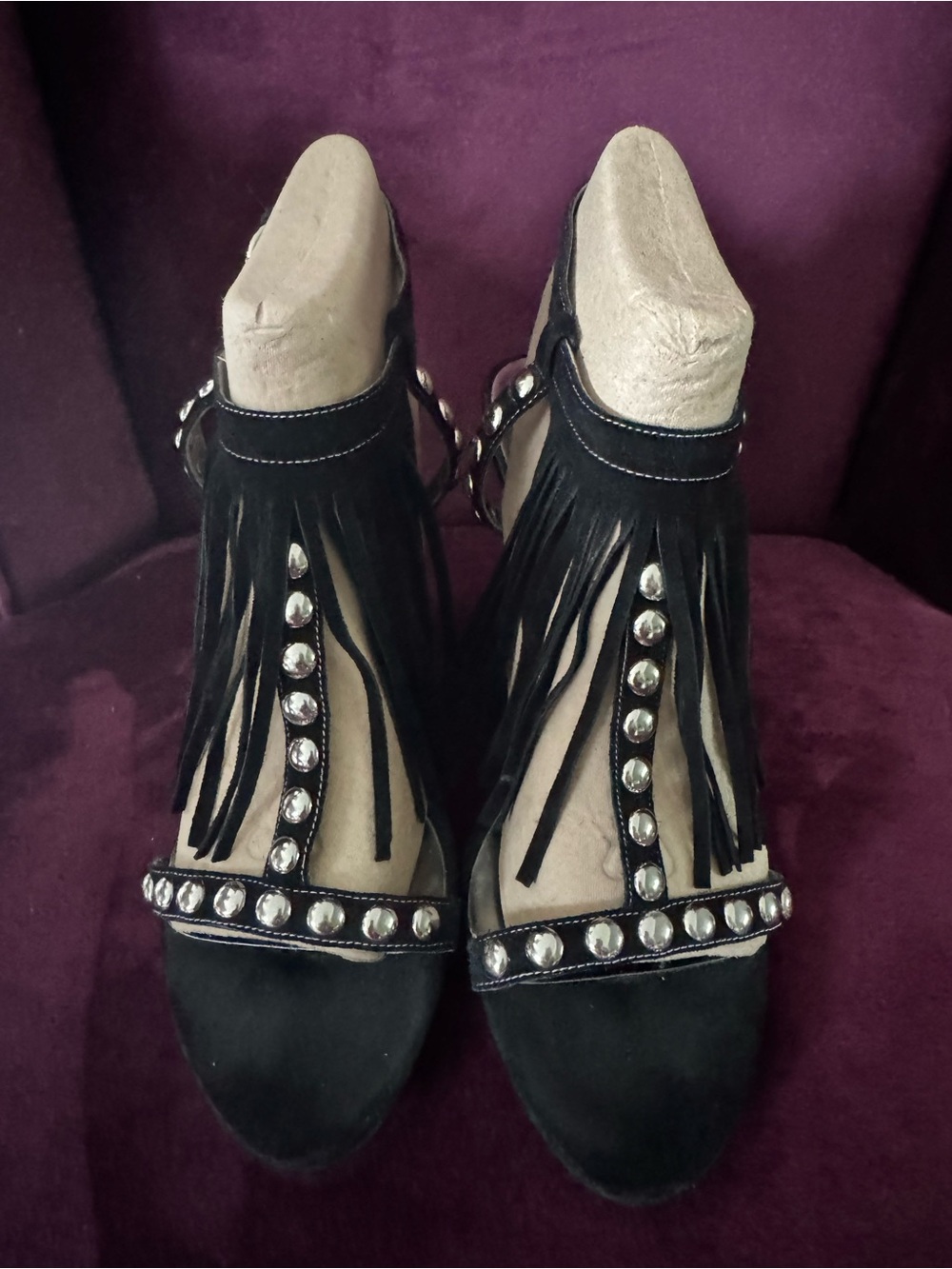 Black Fringe Studded Suede Women's Sandals